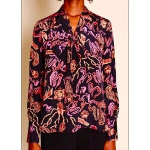Rachel Comey Silk Blouse Womens 8 Tie Neck Black Pink Floral Abstract Print Top